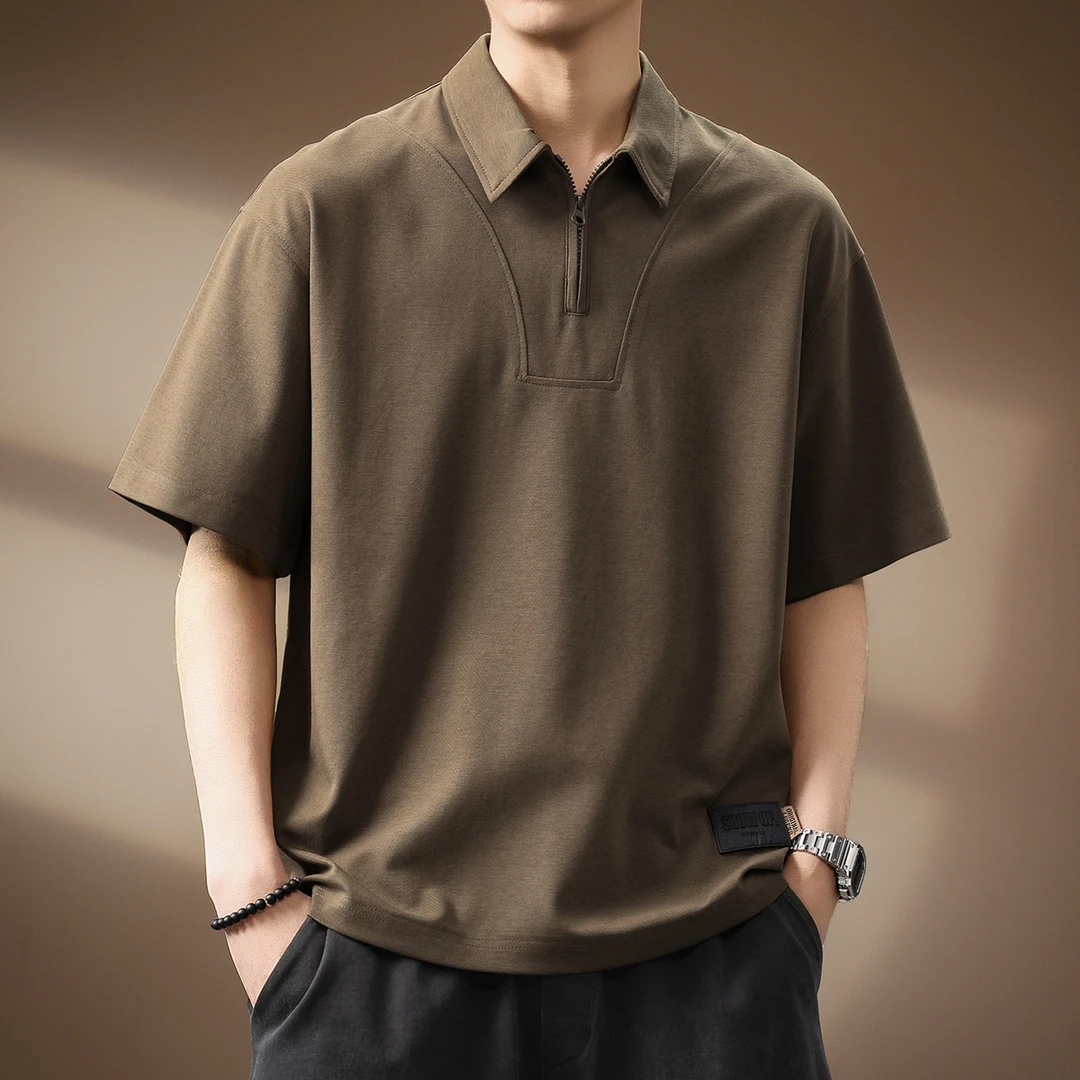 高端莱赛尔半拉链短袖Polo衫男夏季新款宽松质感保罗衫T恤男男款