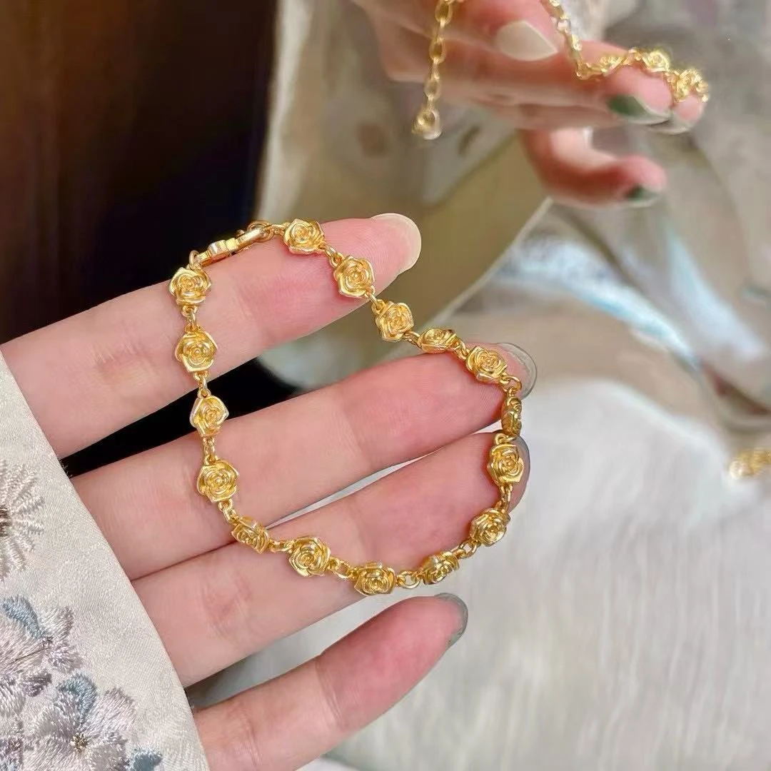 足银手链 999.9立体玫瑰花描金手链