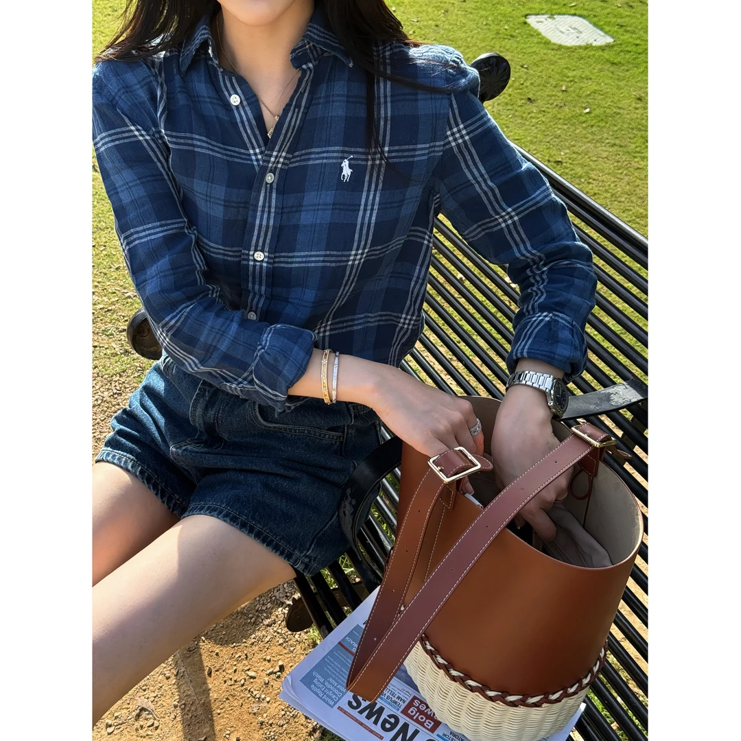 “RL系列”拉家蓝灰色格纹贝壳扣对格工艺纯棉衬衫 张一琳 L253500T