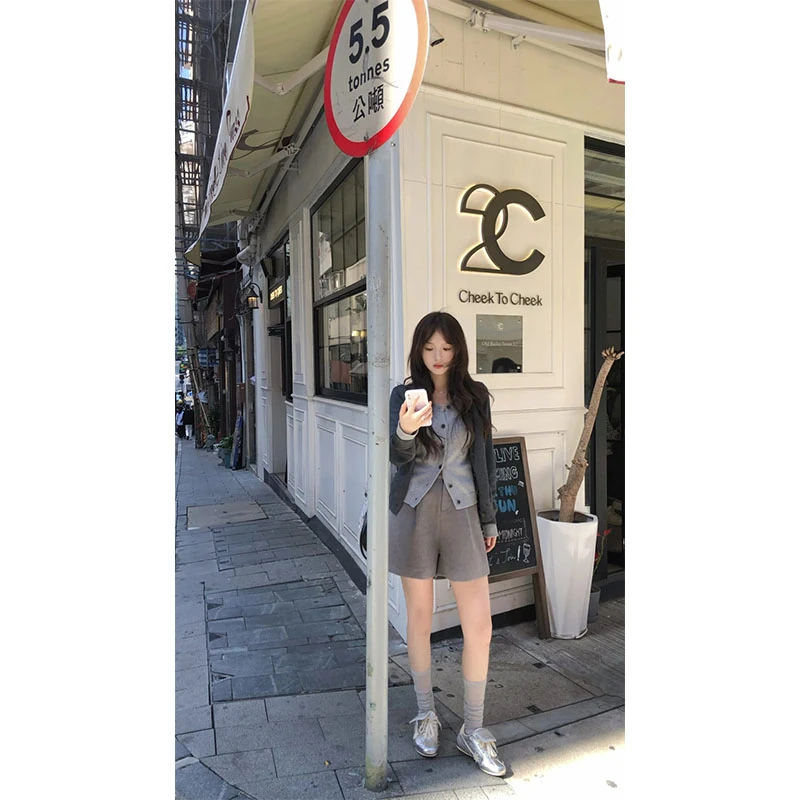 慵懒风气质软糯舒适假两件长袖针织开衫高腰显瘦直筒百搭休闲短裤