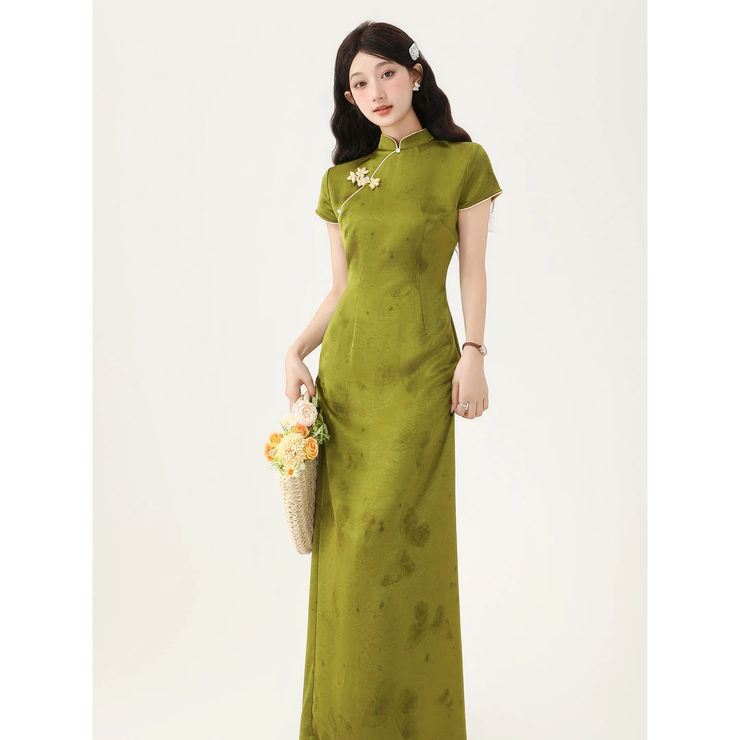 新中式复古国风古法日常夏季绿色修身高考改良旗袍气质包臀连衣裙