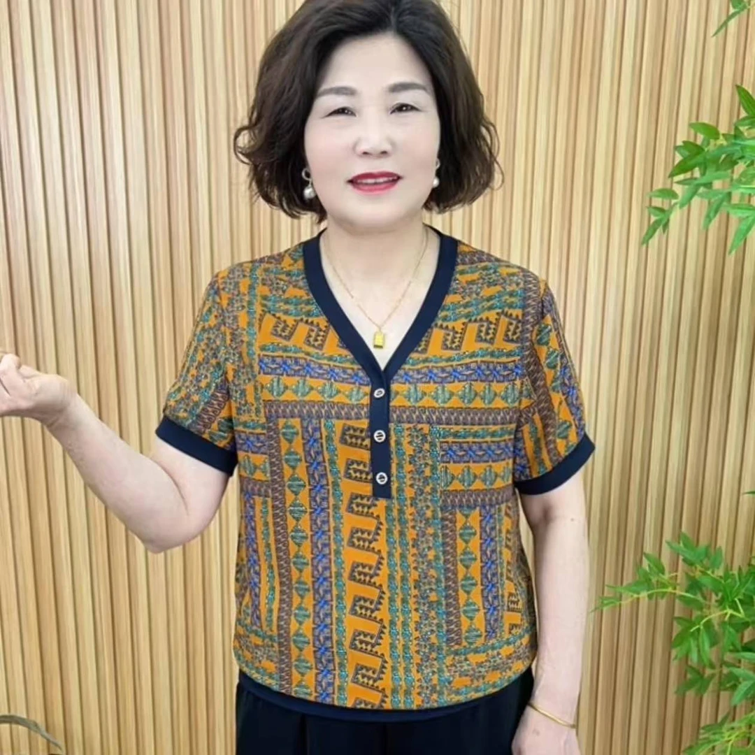 妈妈装夏季薄款V领休闲小衫透气凉快显瘦中老年女装短袖上衣V6361