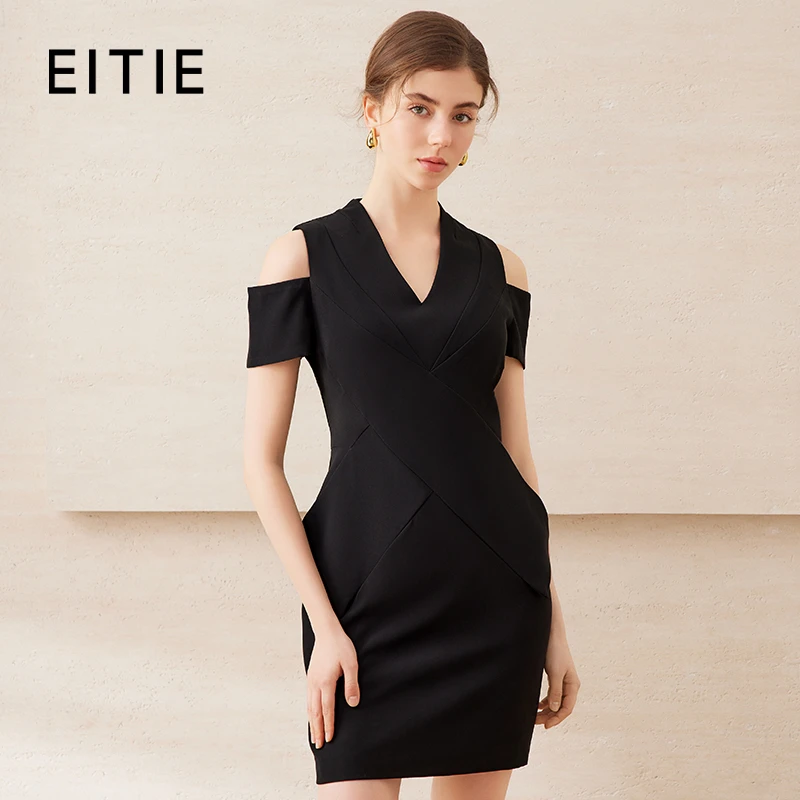 【V领露肩小黑裙】EITIE爱特爱25夏新款气质收腰显瘦连衣裙B2507656