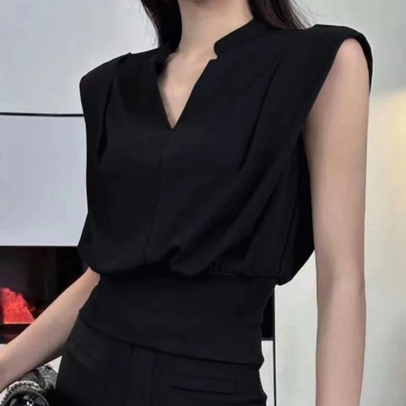 韩系chic复古港风立领衬衫女夏季高级感百搭V领收腰上衣+半身裙