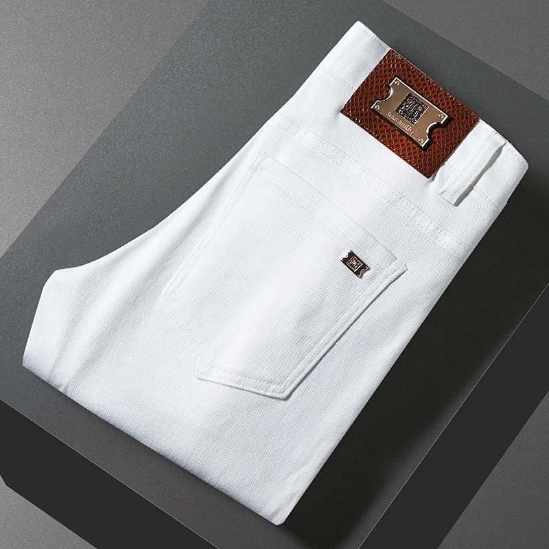 【秋款】三防白色时尚百搭潮流修身直筒百搭薄款弹力轻奢纯色牛仔裤