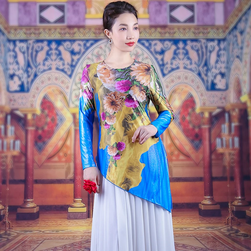 断码清仓福利南韩丝3D喷墨印花斜角水墨上衣