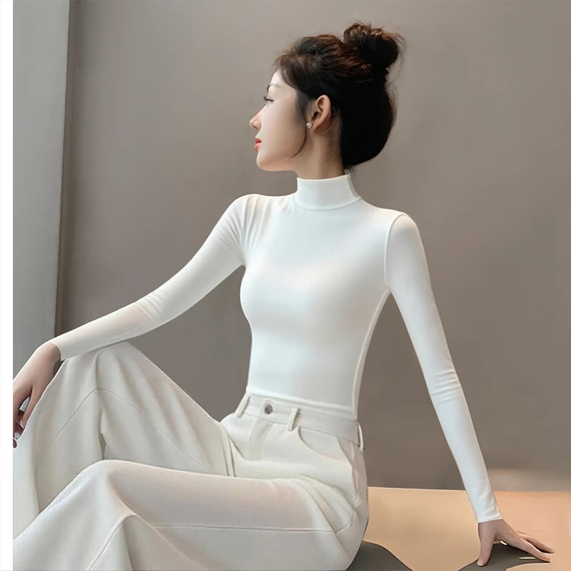 2025新款早秋白色半高领修身长袖T恤女打底衫内搭女高级外穿上衣