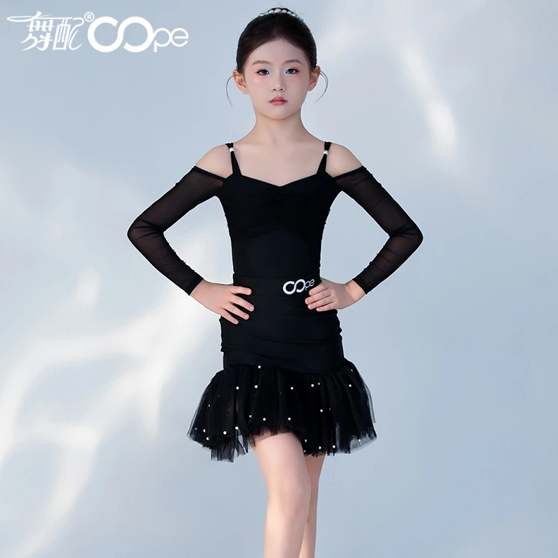 WL51389-2025新款拉丁舞服练功服女童oope舞配舞服黑色网纱套装