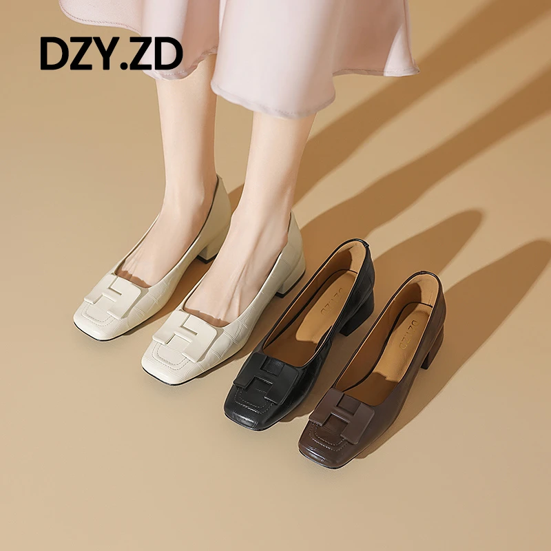 真皮法式单鞋方头粗跟瓢鞋牛皮鳄鱼纹饰扣羊皮鞋垫通勤女鞋轻复古