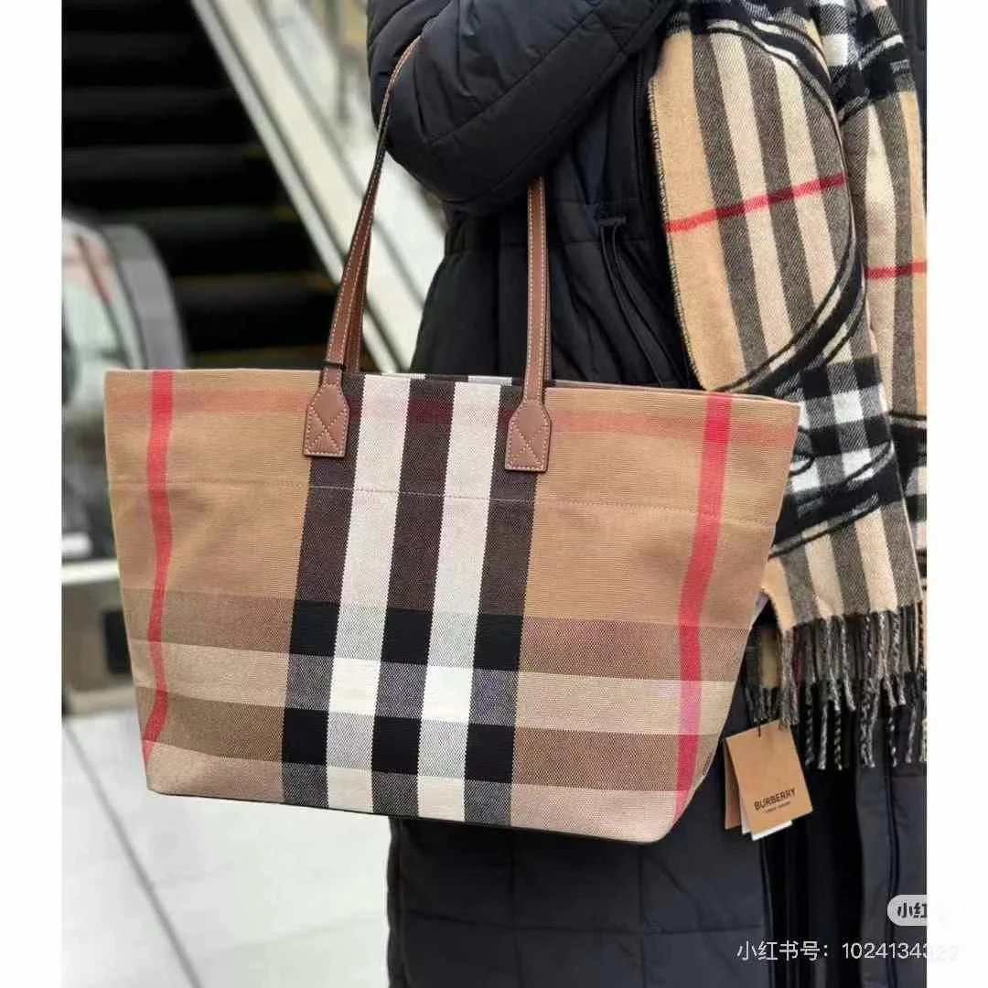 【巴黎直邮】Burberry博柏利棕色格纹托特手提包帆布拼牛皮80840471