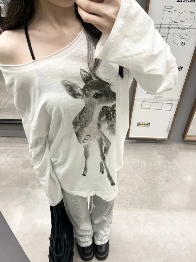 欧美式长袖防晒小鹿乱撞印花罩衫t恤女百搭春夏爆款时尚上衣ins风