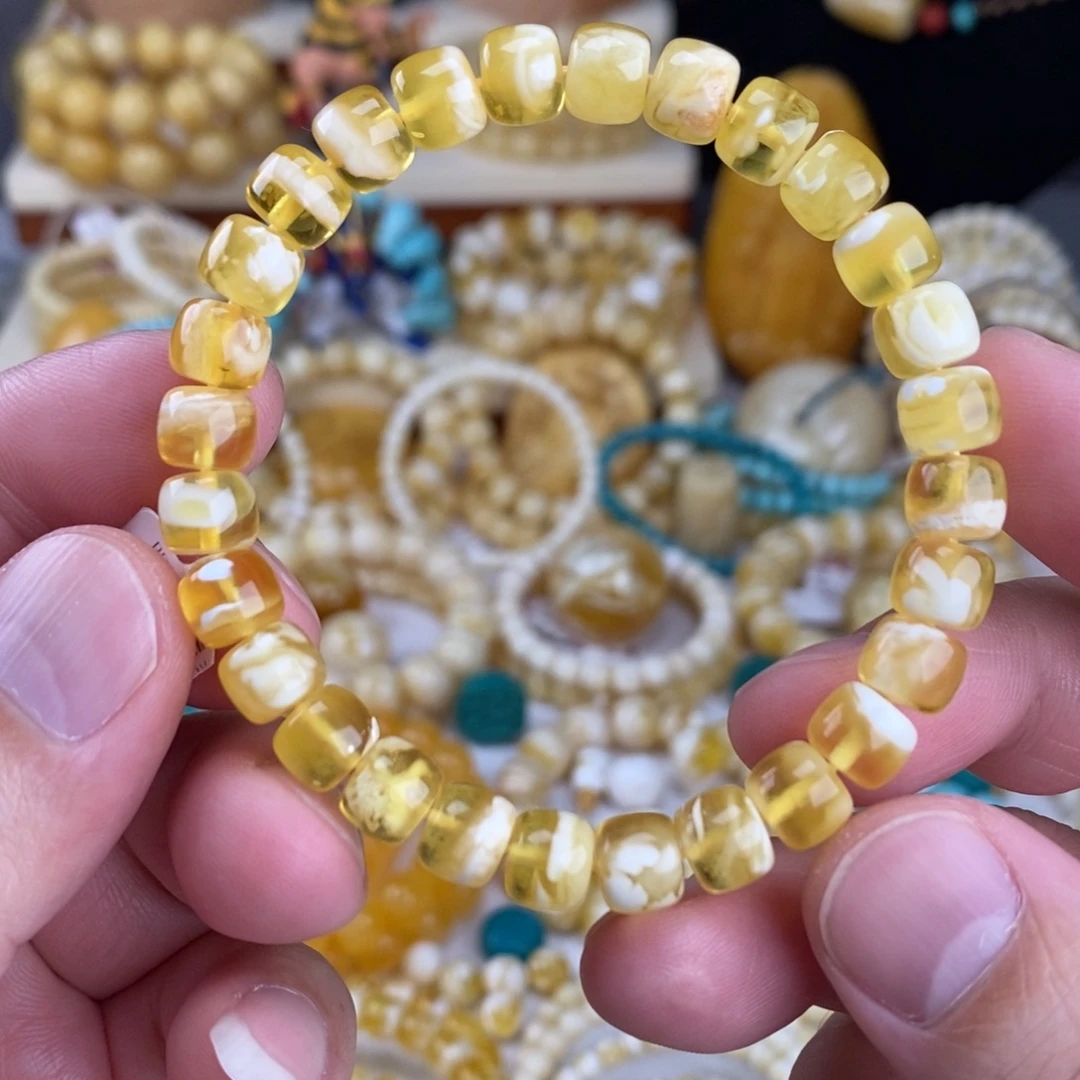 蜜蜡未镶嵌手链金瓷白妖花8mm