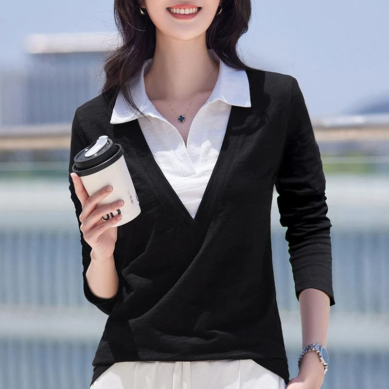 杜拉妮棉长袖恤女领季2025年新款翻领假两件洋气带领上衣小衫