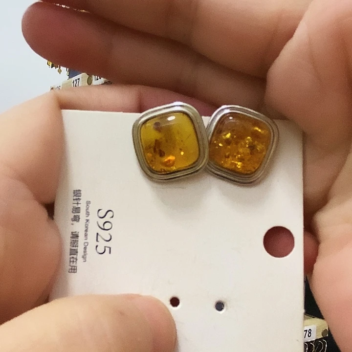 琥珀（花珀）银S925镶嵌耳饰琥珀