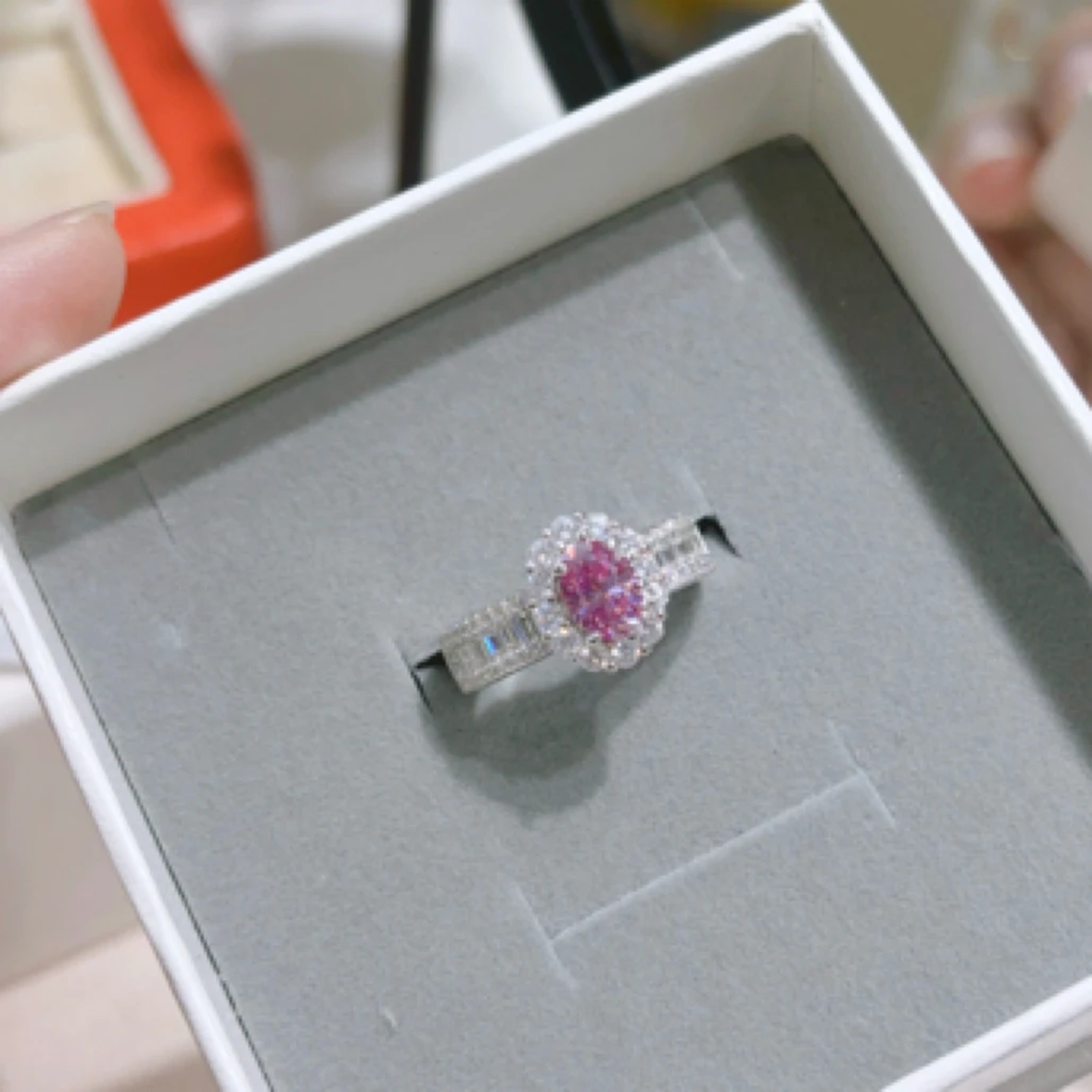 私人高订1克拉豪镶椭圆粉钻戒指拍下备注圈口