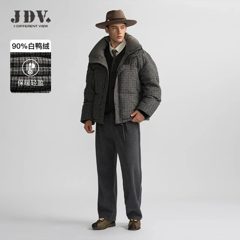 J.D.V【千鸟格】2024秋冬新款男士深灰格纹羽绒服立领短款外套