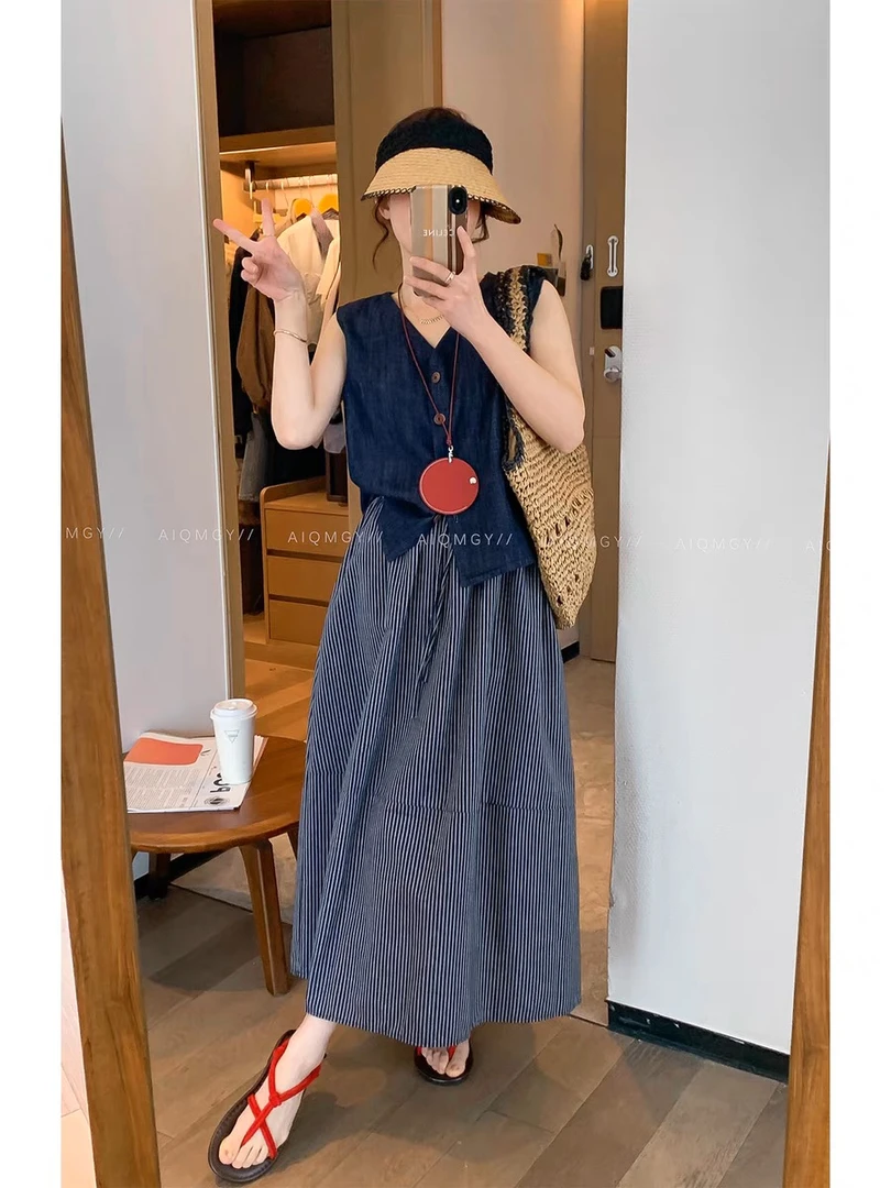 (牛仔时尚套装)女2025夏新款无袖马甲条纹半身长裙两件套TZ7141#