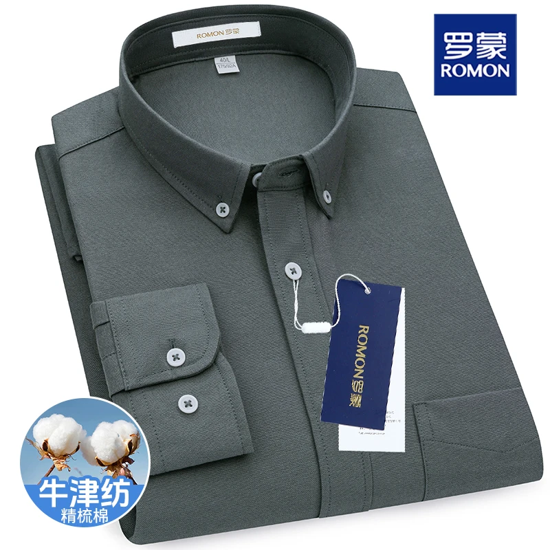 罗蒙男士商务衬衫长袖纯棉牛津纺透气户外休闲爸爸装衬衣2025新款