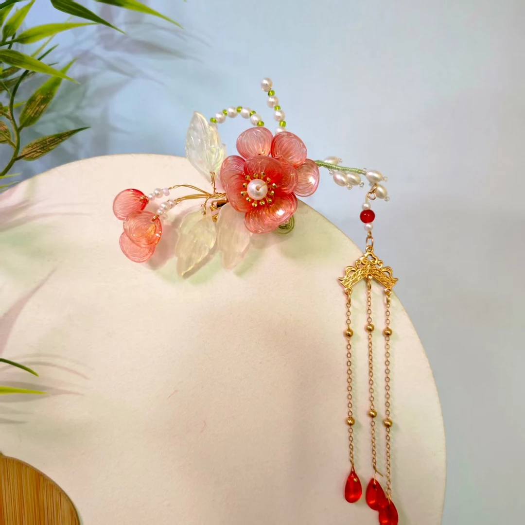 云鬓花古风饰品古装发饰仙气飘飘琉璃发夹 山茶坠金 汉服发冠B422