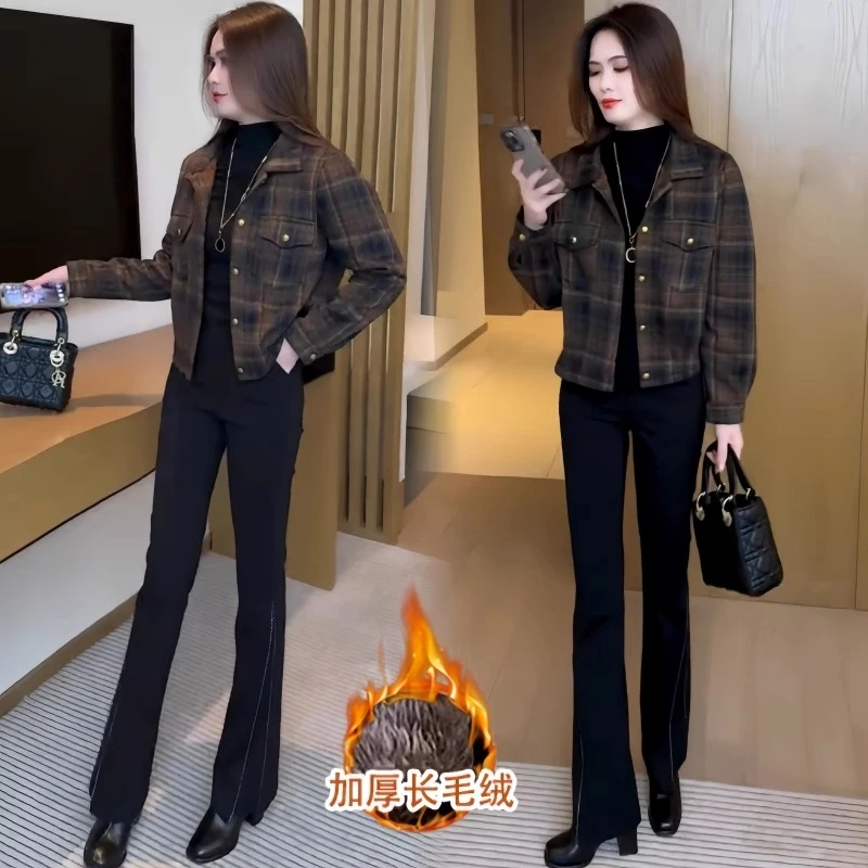 加绒加厚格子短外套女秋冬新款时尚休闲洋气上衣小个子保暖夹克衫