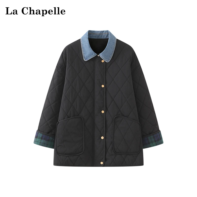 拉夏贝尔撞色翻领拼接大口袋保暖夹棉棉服外套女冬季时尚百搭时髦