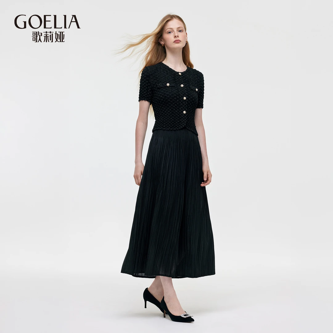 【福利款】歌莉娅夏季压褶黑色女士小香风套装时尚1C6LAB920