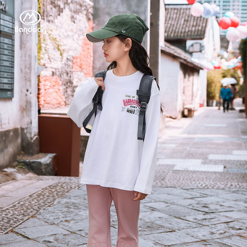 白色印花纯棉长袖T恤女童早秋季新款休闲宽松上衣