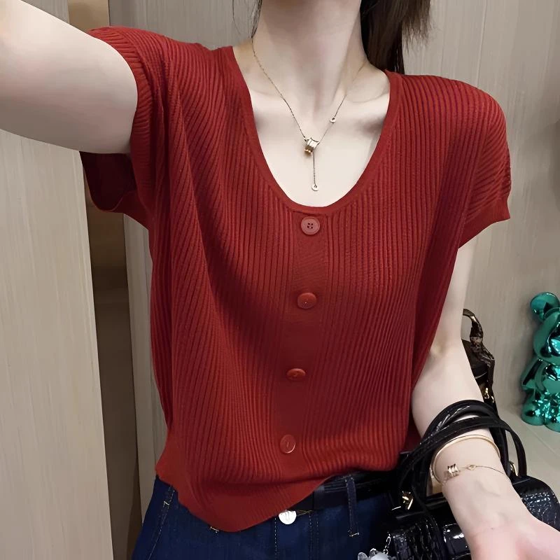 韩版夏新百搭冰丝针织衫女夏季洋气短款简约显瘦打底衫短袖t恤衫