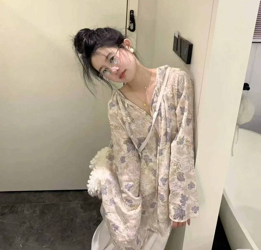（棉麻版初吻之约）慵懒感碎花小宽松长袖衬衫女防晒衬衣上衣C840