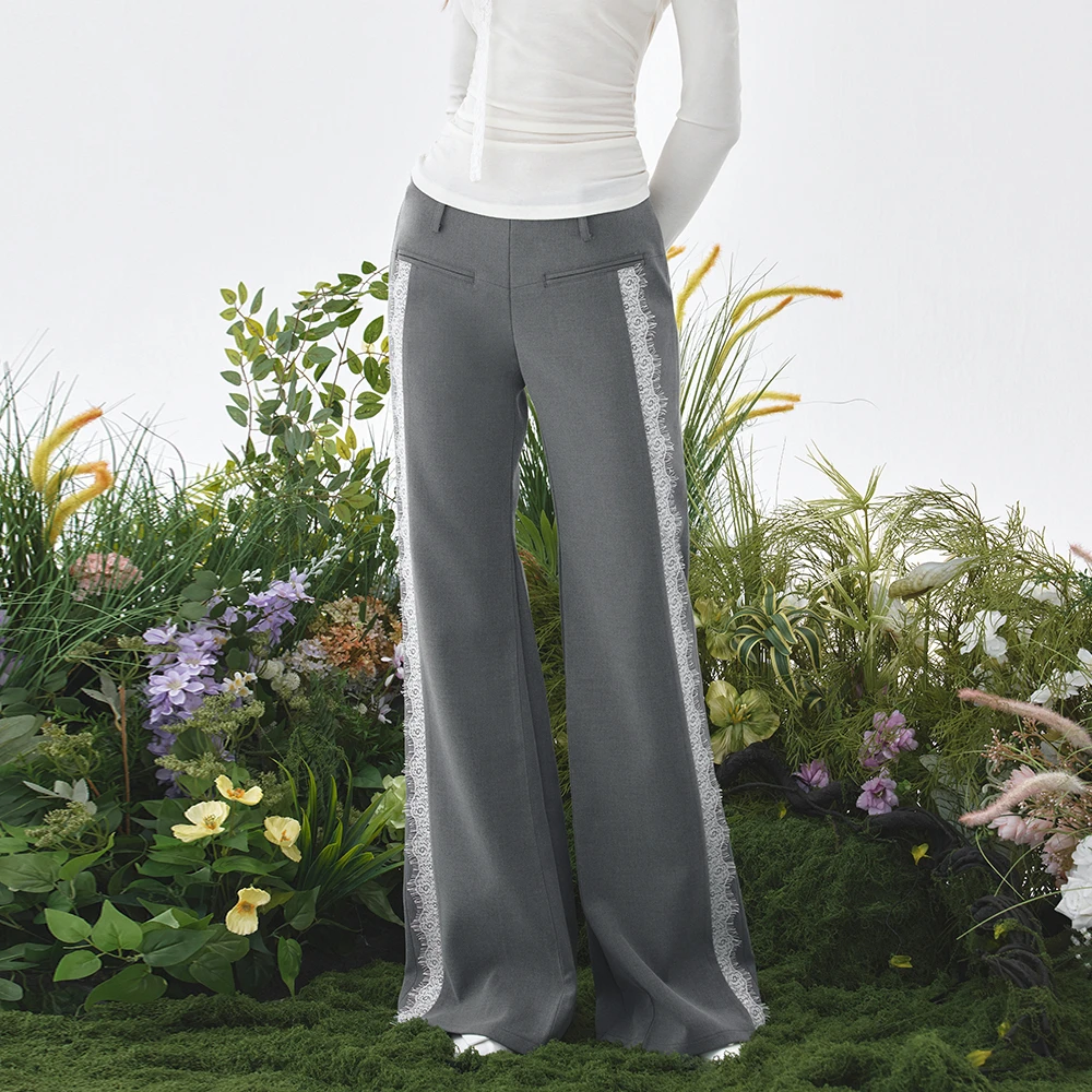 Mess Studio美式辣妹无腰头小众蕾丝边宽松阔腿长裤显腿长西装裤