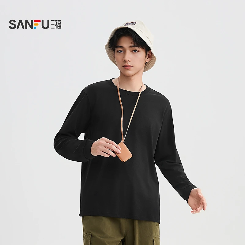 SANFU/三福25秋下摆侧边小标长恤休闲宽松圆领 打底男上衣507769