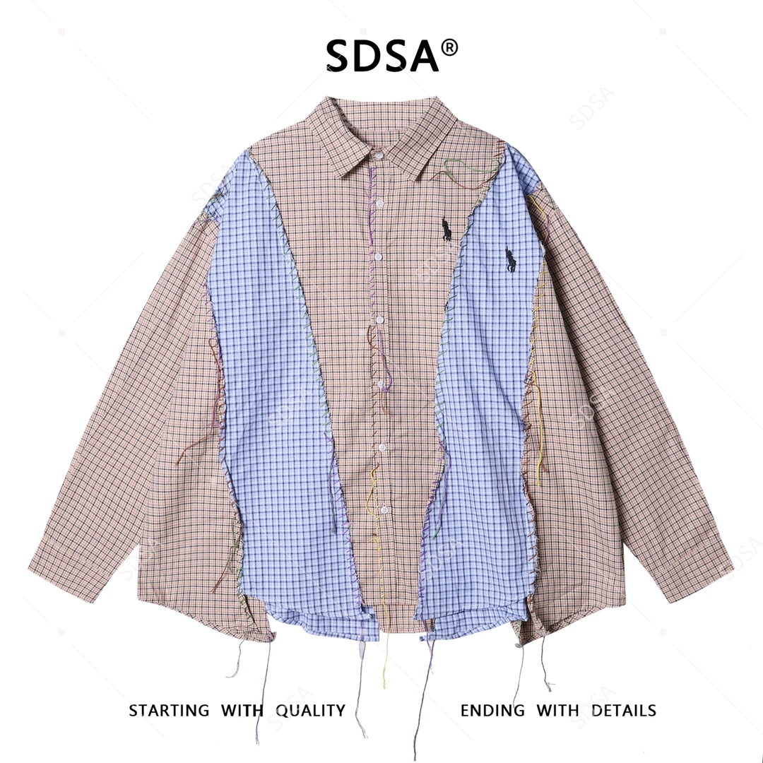 SDSA秋冬新款痞帅男装美式复古拼接格纹缝线长袖衬衫百搭时尚衬衣