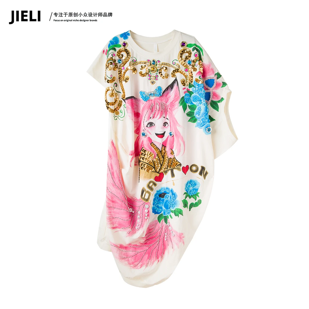 JIE LI/街力设计师高级感中长款手工钉珠白色T裙女S8385