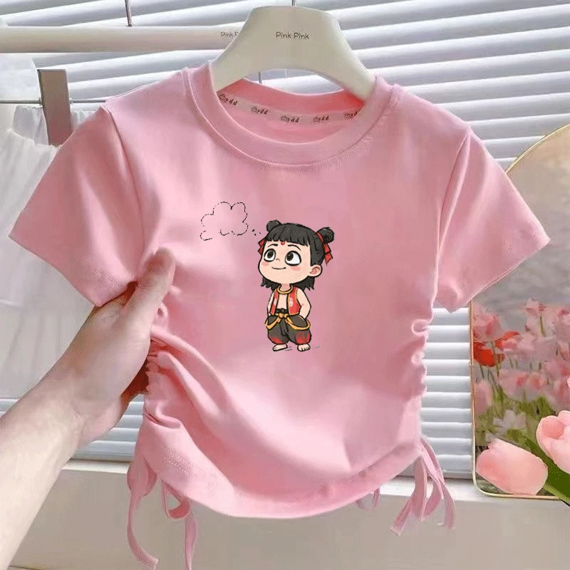 卡通哪吒女童抽绳可爱半袖儿童纯棉短袖T恤宝宝夏季半袖洋气外穿t