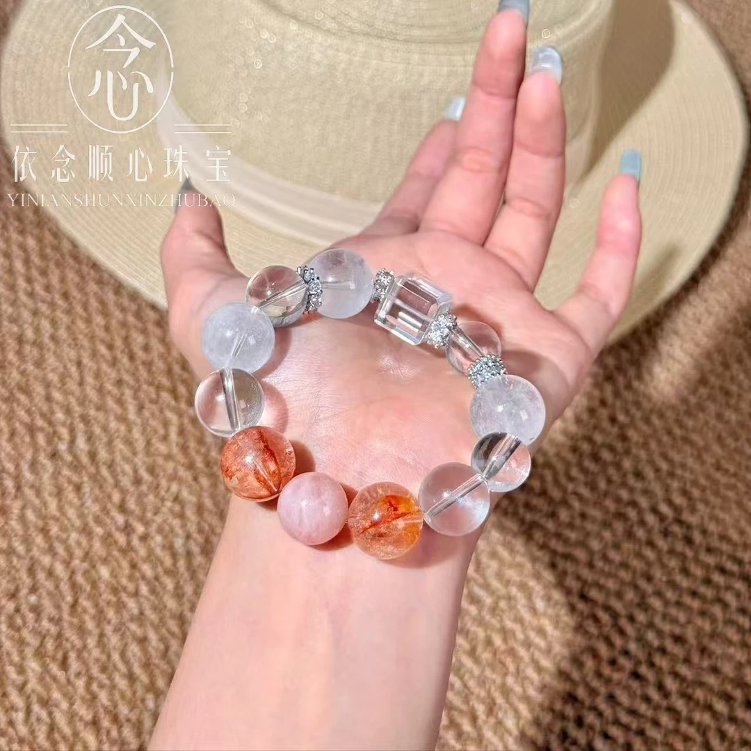 【绯灵】原创天然水晶手串红胶花+方形白水晶+摩根石多样性发其一