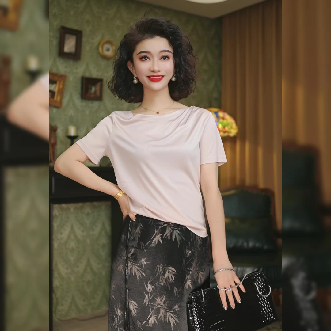 【流光】3醋酸不规则短袖女2024夏修身显瘦斜肩洋气上衣F9391