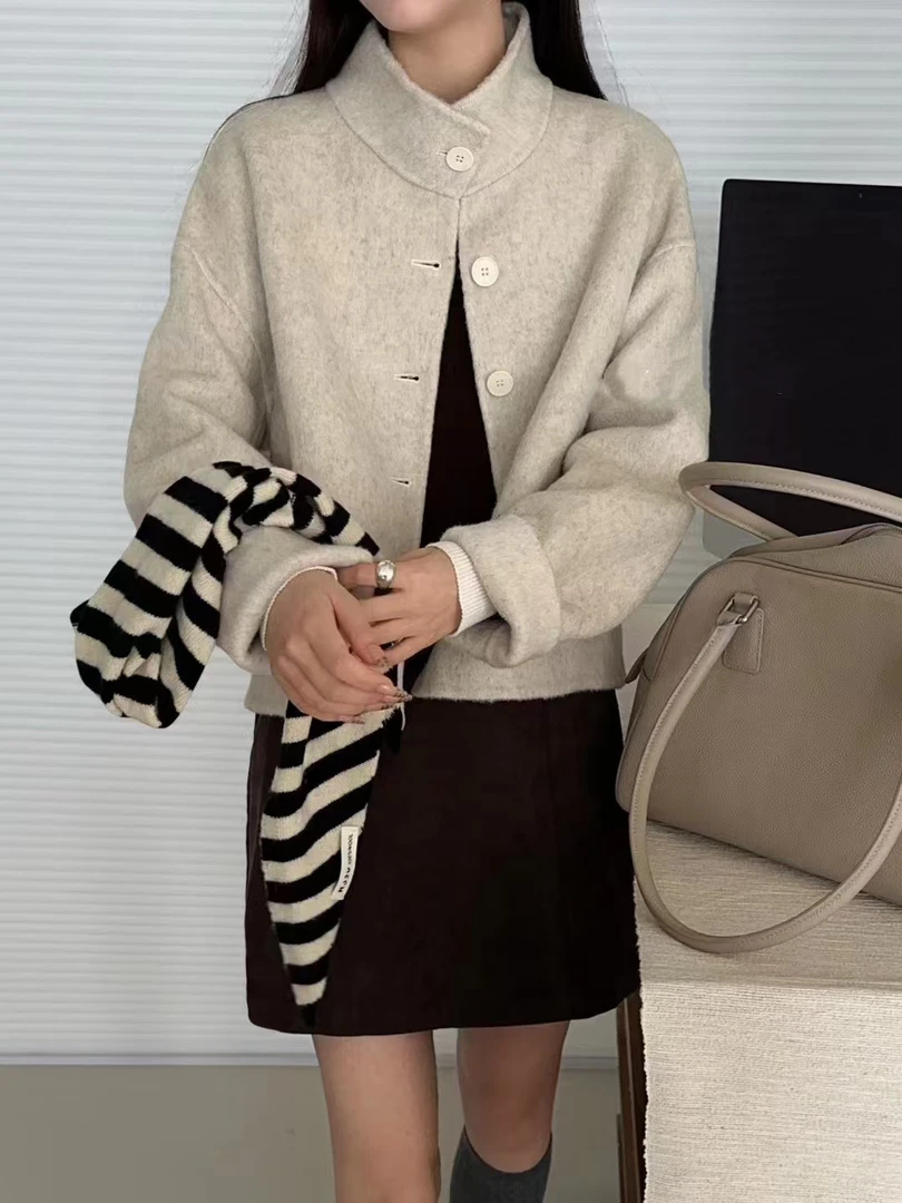 2025新款韩系复古气质立领短款羊绒外套宽松百搭羊毛大衣