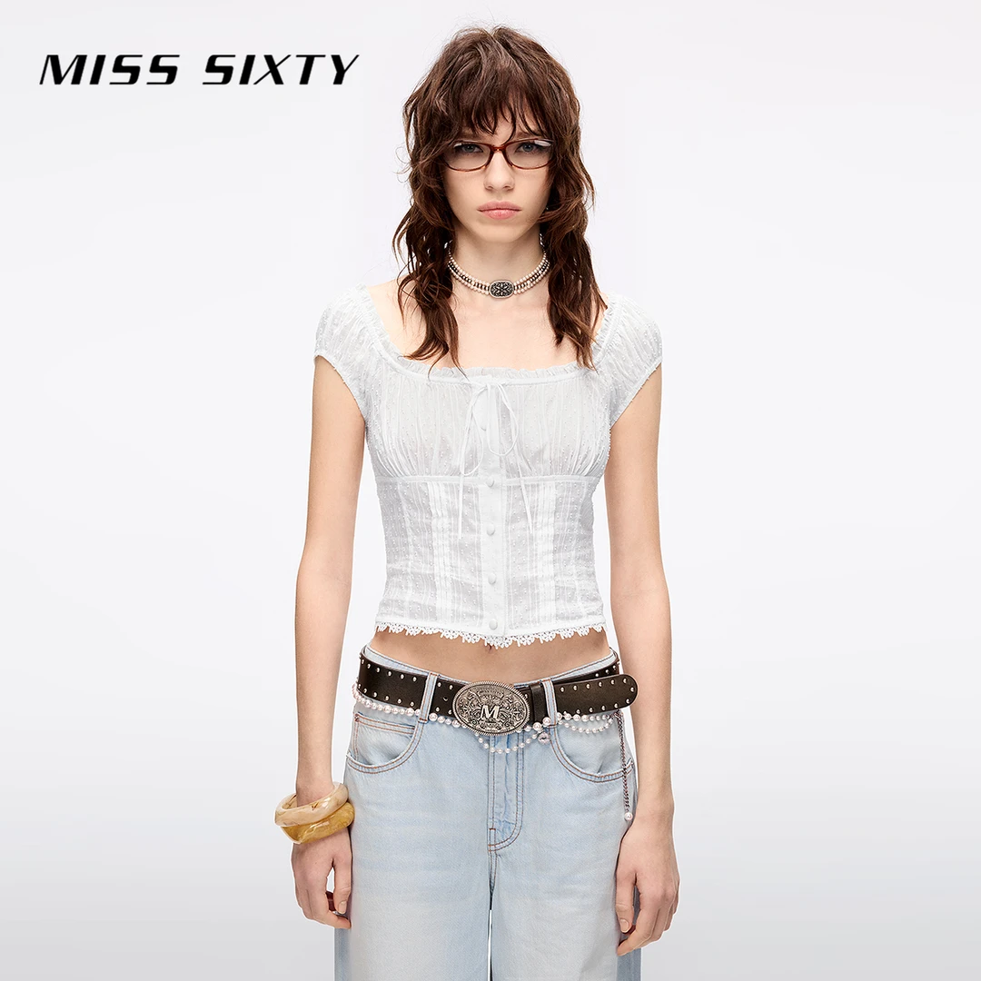 Miss Sixty2025夏季新款衬衫女花边泡泡袖风琴褶修身短上衣小衫