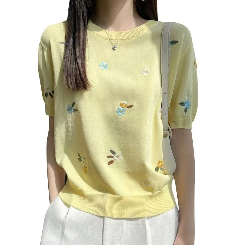 0-100女针织衫夏季薄款宽松绣花时尚圆领套头春夏百搭绿色镂空