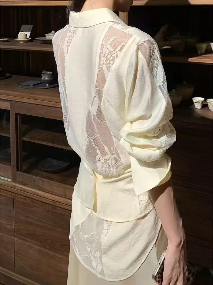 晴玥家8013蕾丝衬衫新款女宽松镂空设计感衬衣