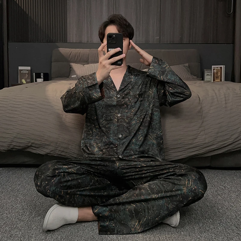 轻奢冰丝男士睡衣四季通用长袖长裤高级感大码家居服男春秋款套装