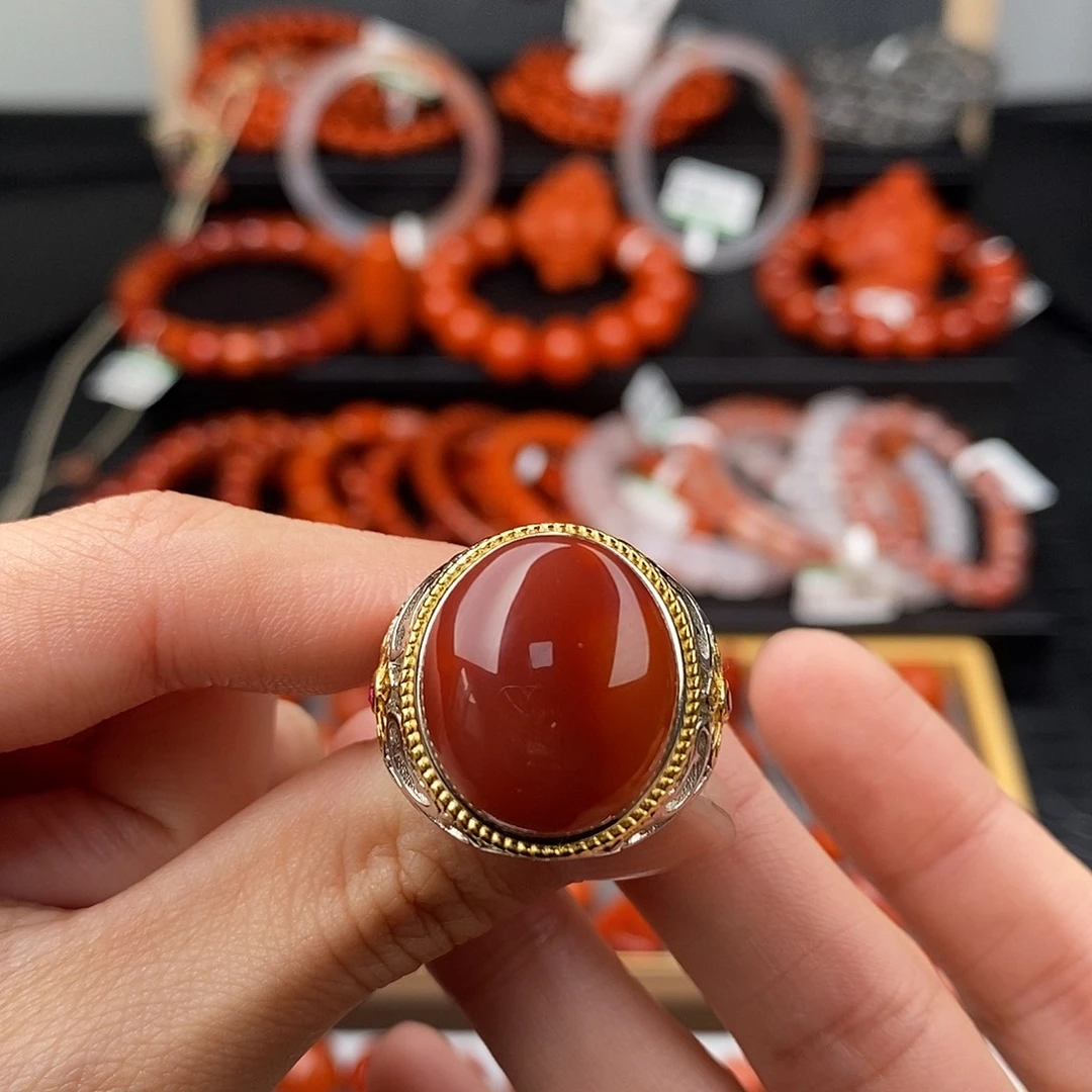 南红玛瑙银S925镶嵌四川凉山瓦西男戒