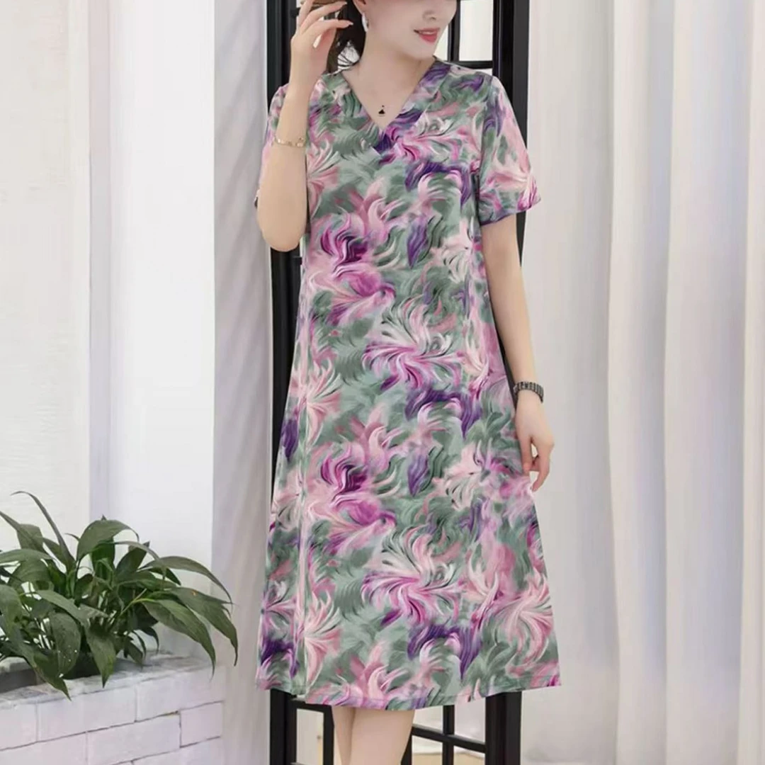 10422-夏季妈妈装时尚宽松连衣裙气质中老年女装洋气长裙【G仓】