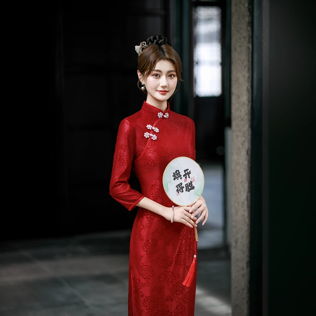 旗袍喜婆婆春秋款妈妈装婚宴礼服显瘦气质改良收腰红色敬酒连衣裙