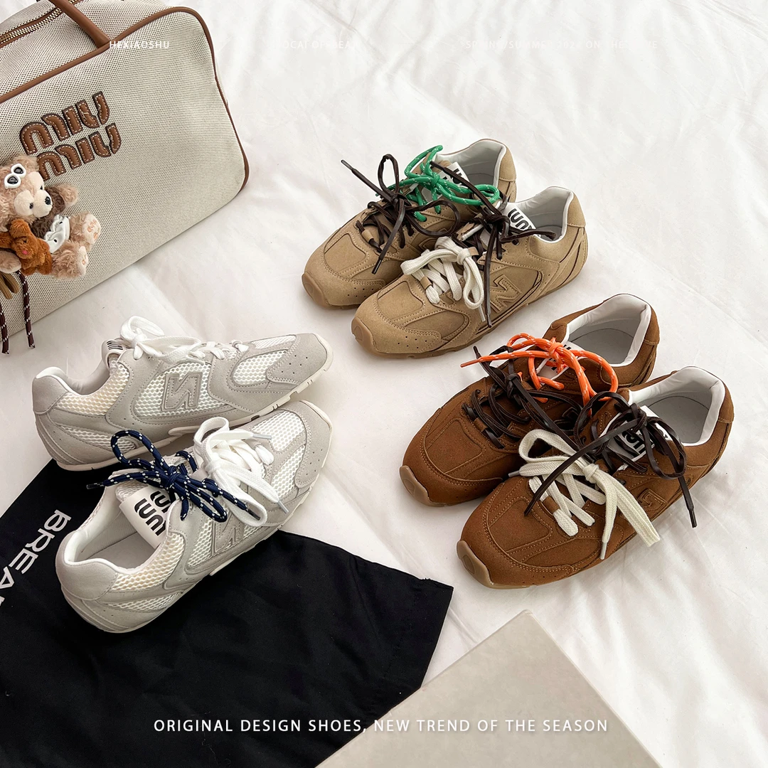 真皮版复古miu家平底内增高德训鞋女经典百搭系带休闲运动阿甘鞋