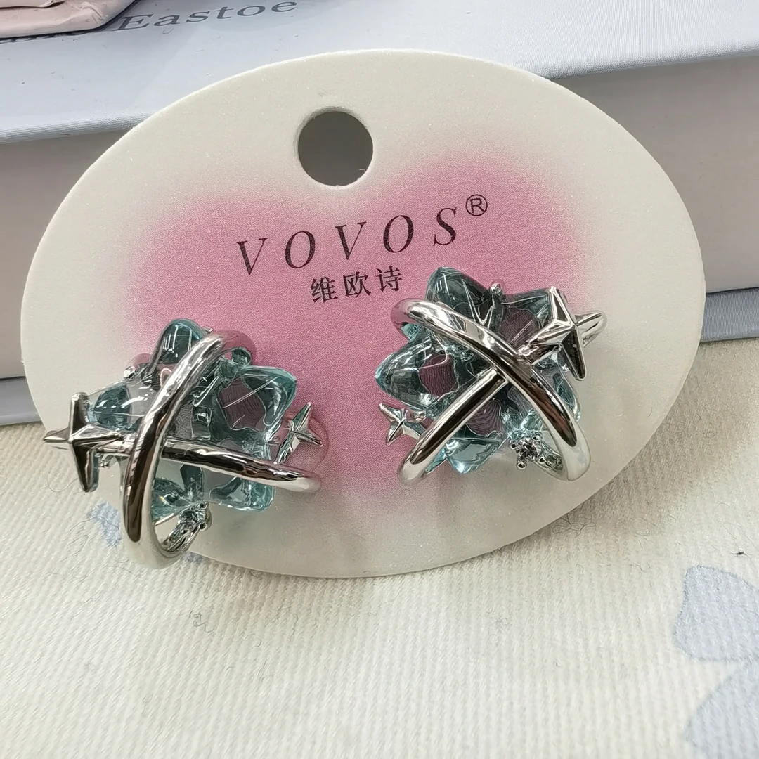 E901蓝色冰透星星耳夹款耳饰