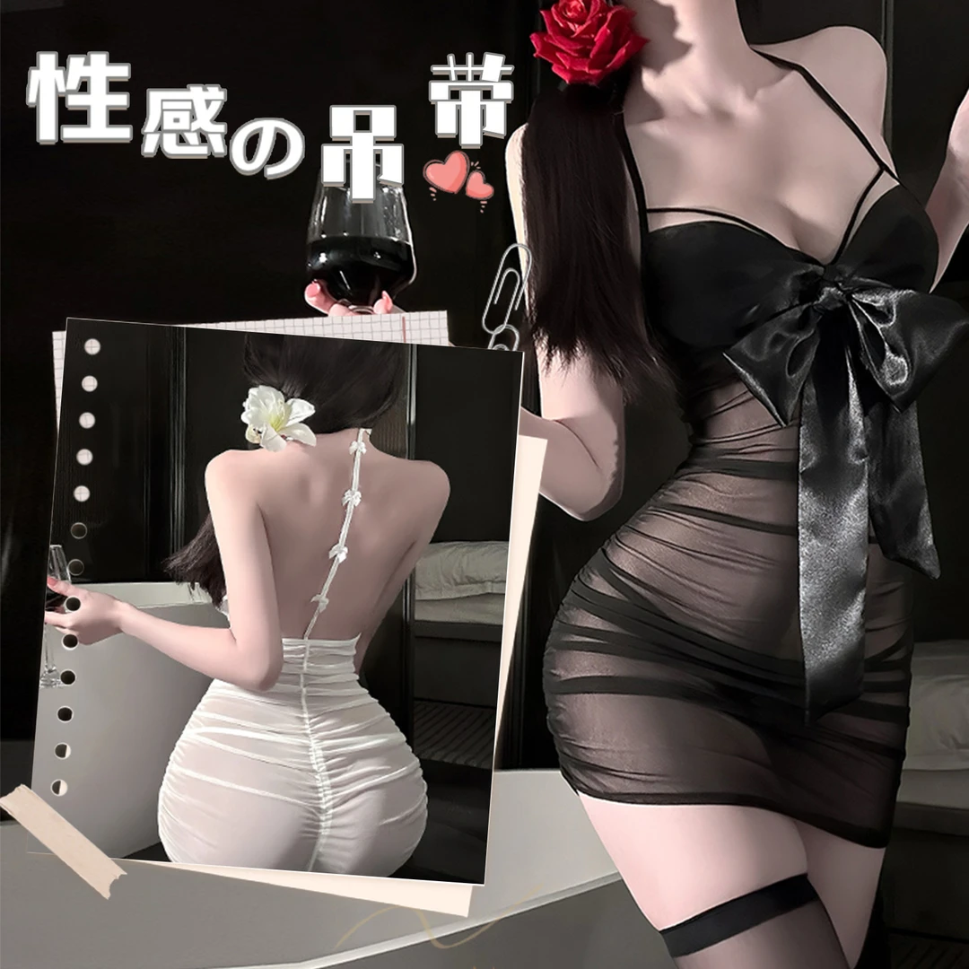 景旭情内衣性感纯欲风结抽褶透纱睡裙露胸诱惑