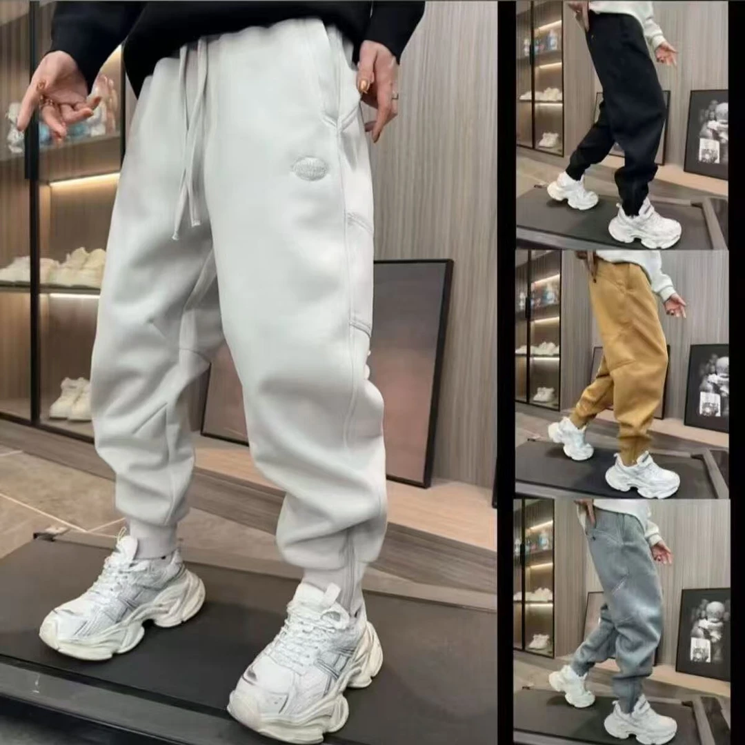 欧货高品质男士冬季加绒束脚运动卫裤潮流时尚高档拼接链接休闲裤