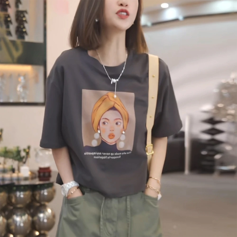 卡通印花圆领t恤女2025夏季宽松时尚减龄设计感正肩小衫短袖上衣