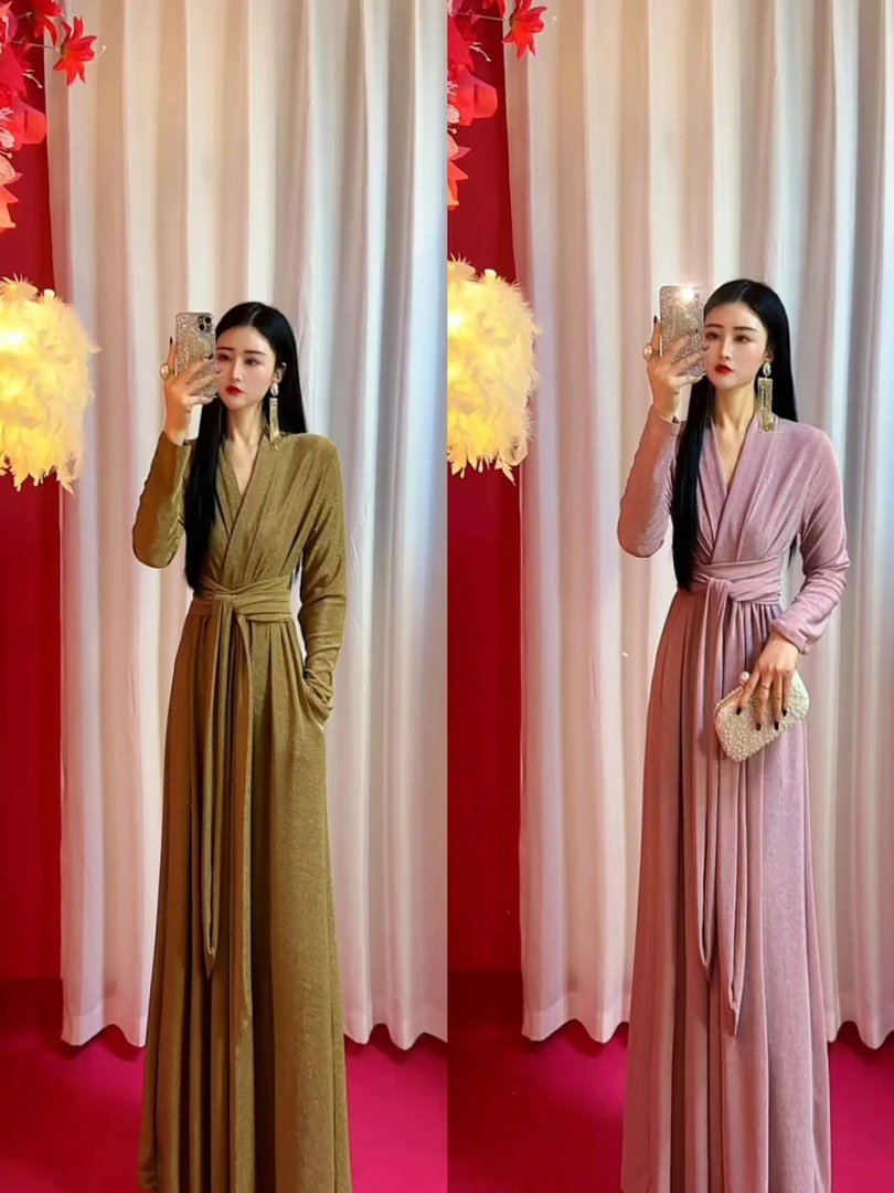 2025设计师款冰丝重工亮丝面料显瘦显长袖气质连衣裙1385款